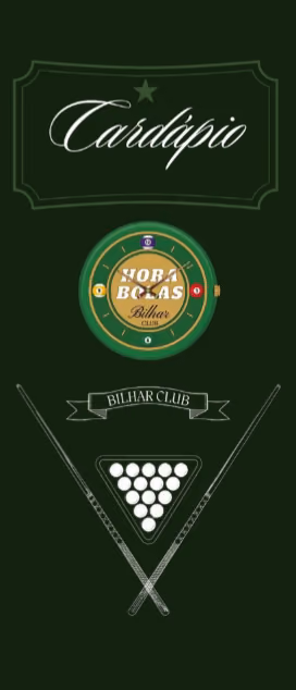 Rebranding Hora Bolas: Cardápio: capa com o logo e tacos de sinuca